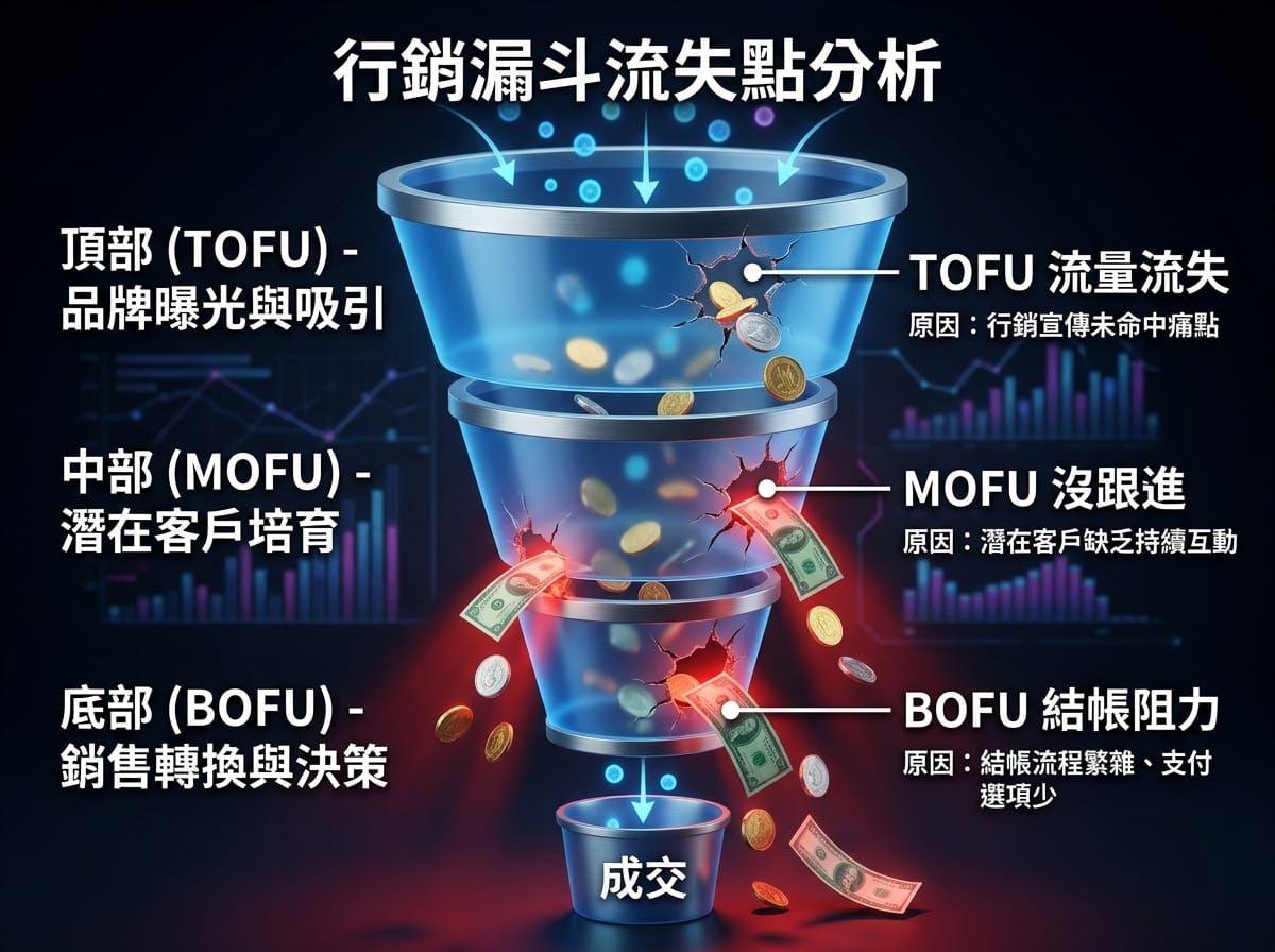 台灣電商行銷漏斗三大破洞：TOFU 流量不精準、MOFU 無跟進、BOFU 結帳阻力示意圖