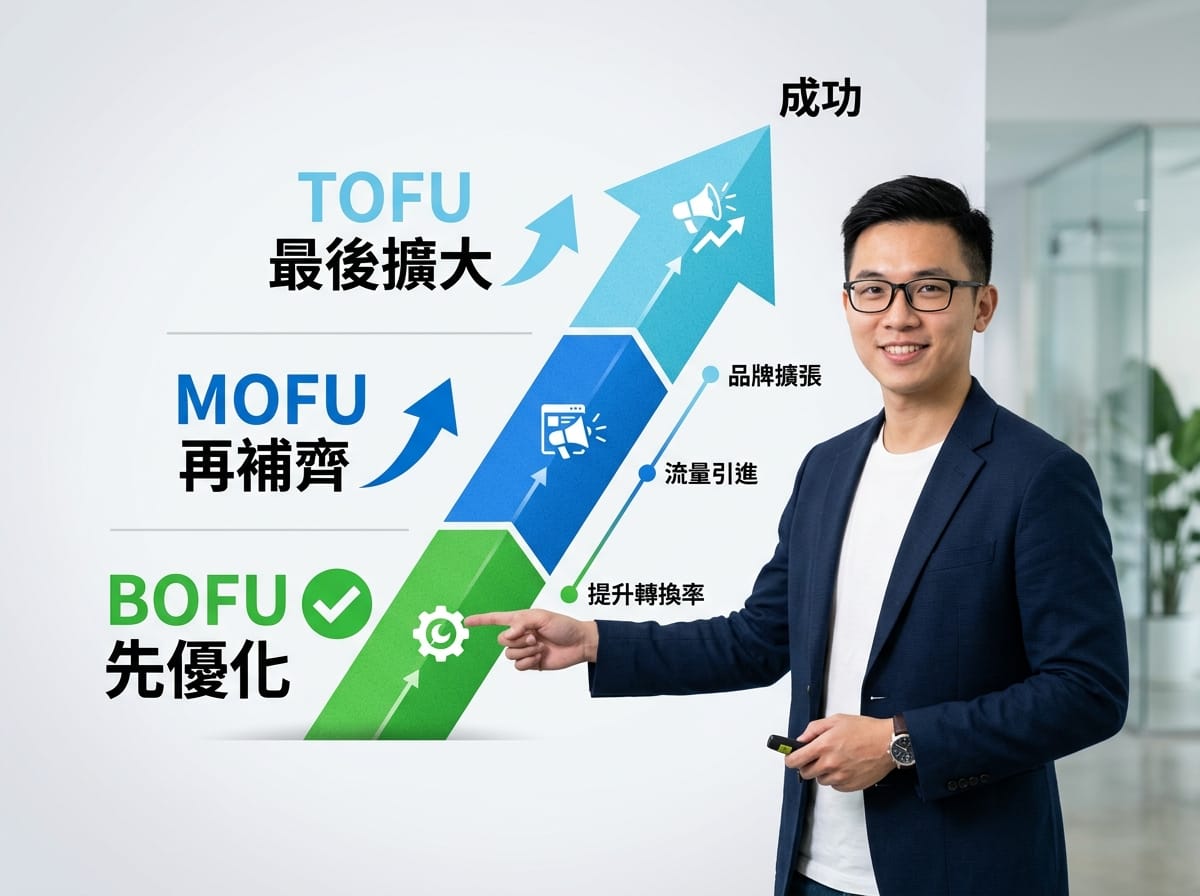 預算有限時行銷漏斗優化順序圖：從 BOFU（轉換）→ MOFU（跟進）→ TOFU（流量）由下而上