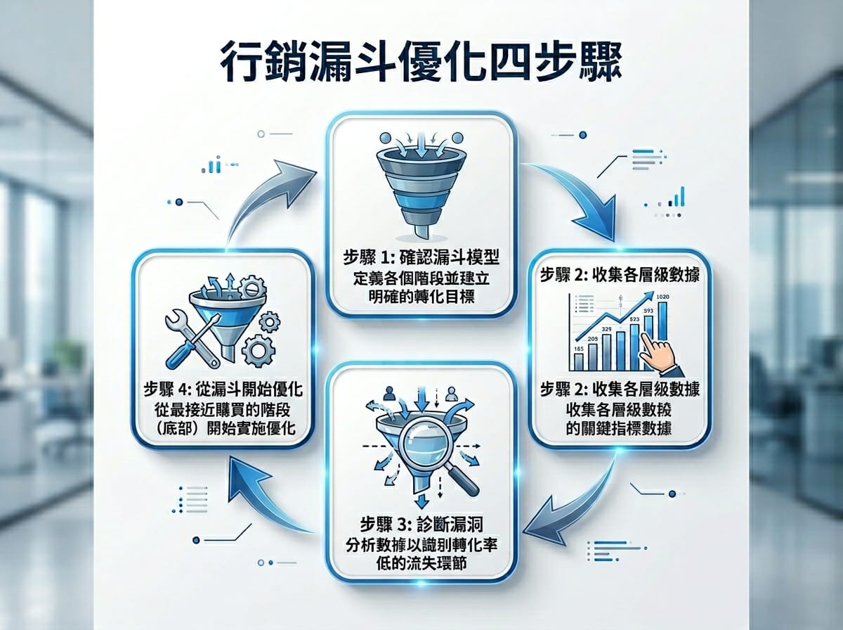 行銷漏斗 4 步驟診斷流程圖：確認模型 → 蒐集數字 → 診斷破洞 → 從 BOFU 優化