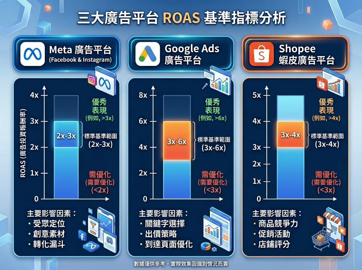 Meta、Google、蝦皮三大廣告平台 ROAS 基準範圍對照圖