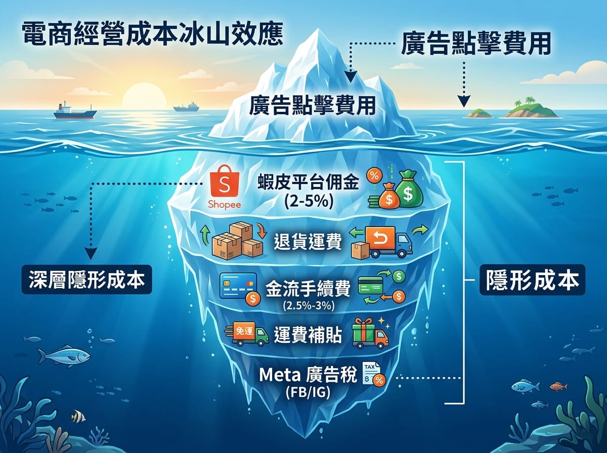 廣告真實成本冰山圖:點擊費以下的隱性成本