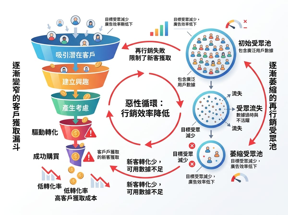 過度追求短期 ROAS 導致受眾縮小、業績萎縮的循環示意圖