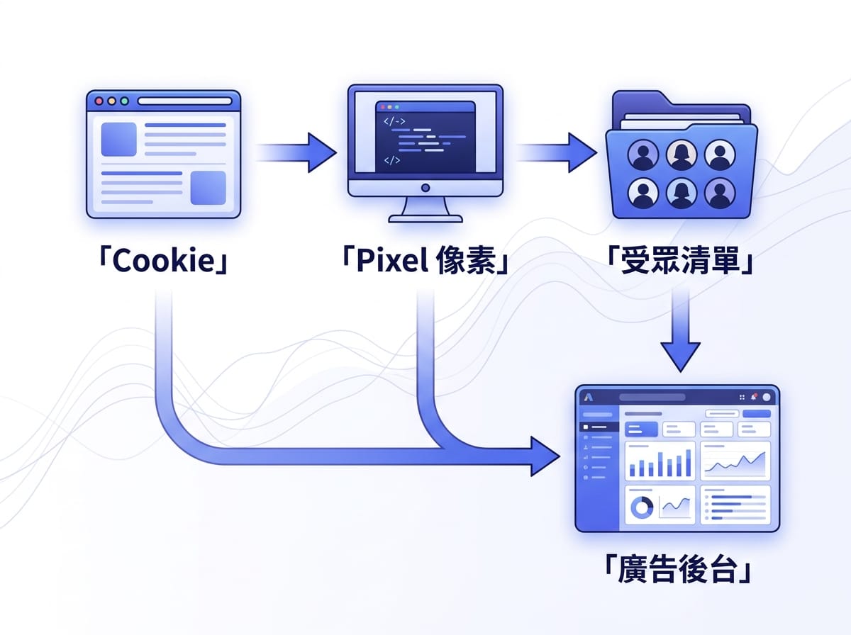 廣告追蹤技術底層三要素:Cookie、Pixel 像素、受眾清單工作原理示意圖