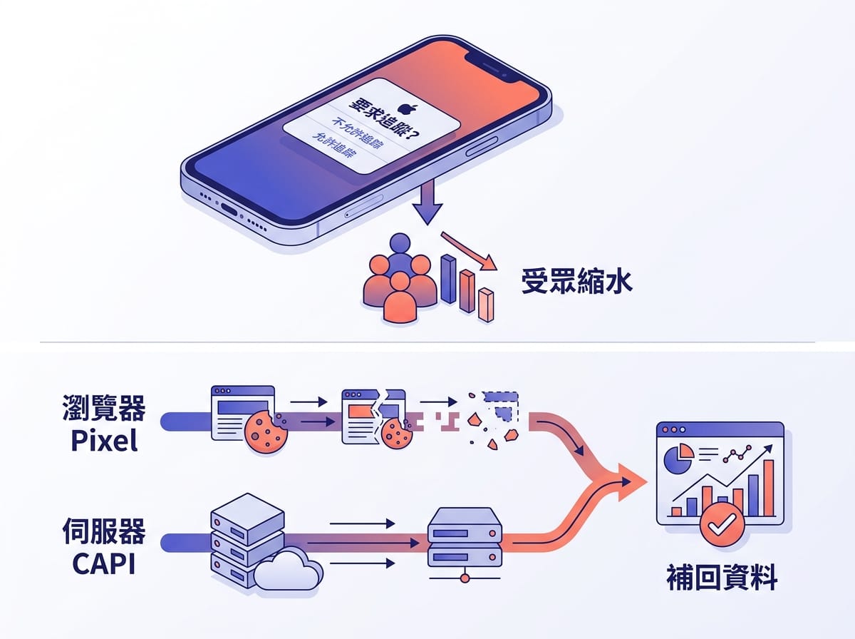 iOS 14.5 ATT 政策影響 Facebook Pixel,以及 Conversions API 雙軌追蹤解決方案示意圖