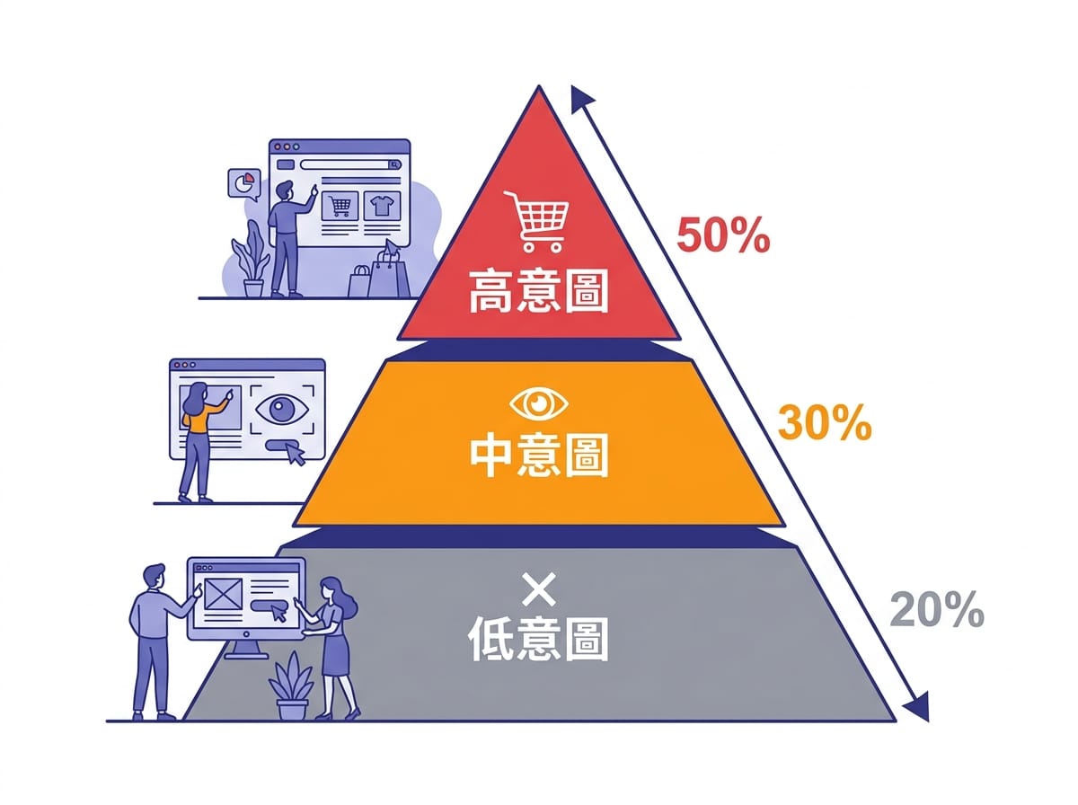 廣告受眾分層金字塔:棄單者、加購者、瀏覽者三層意圖分層策略示意圖
