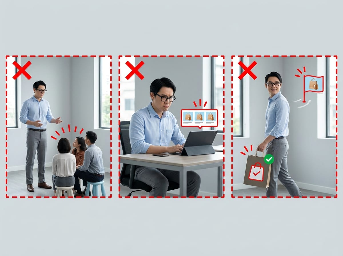 追單三大設定錯誤示意:受眾太小、素材未輪替導致廣告疲乏、未排除已購買者