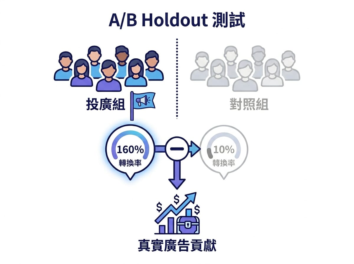 增量效益 Holdout Test 設計:廣告組與對照組對比,計算真實廣告貢獻度