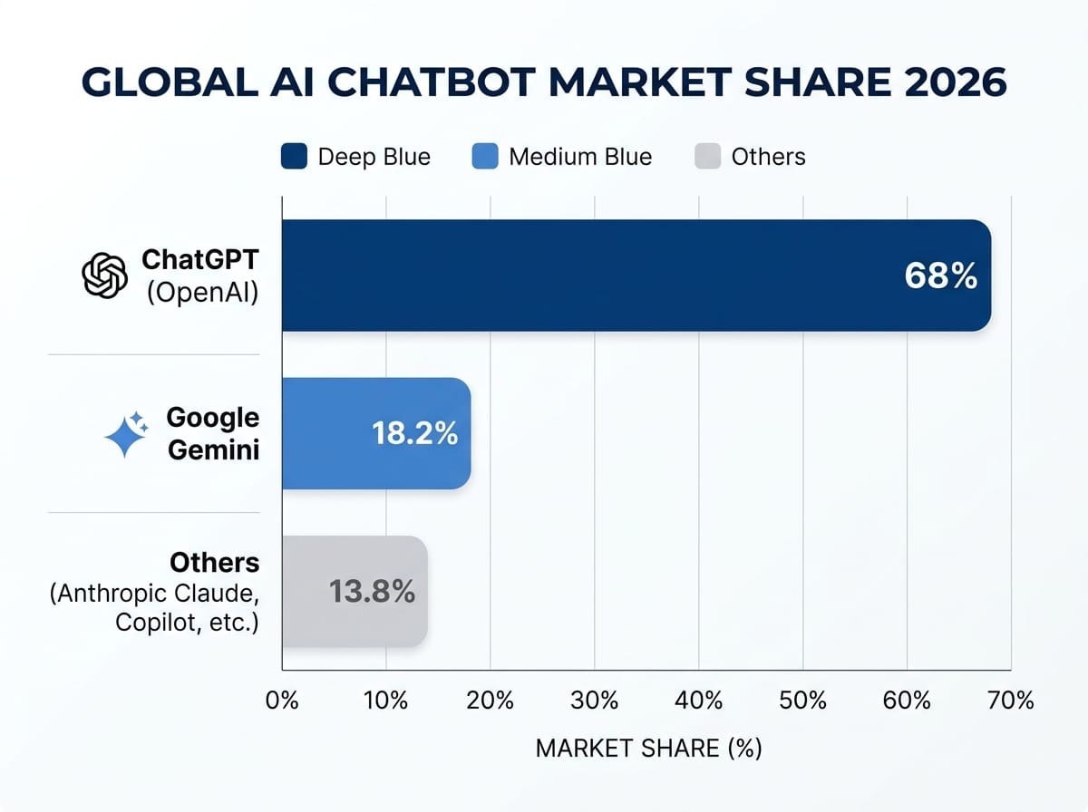 2026年AI聊天機器人市佔率比較:ChatGPT 68%、Google Gemini 18.2%