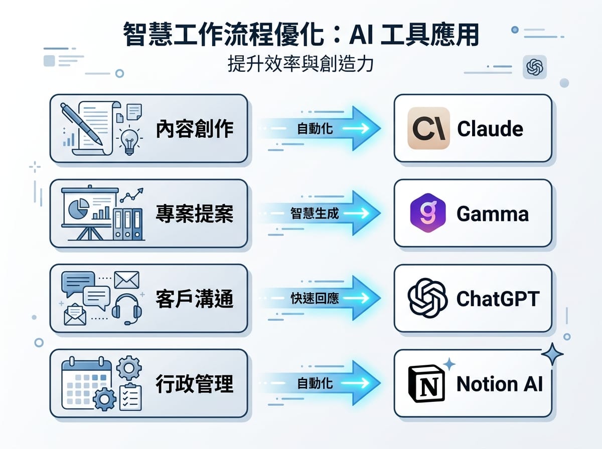 斜槓工作者四大工作任務與對應AI工具的搭配示意圖