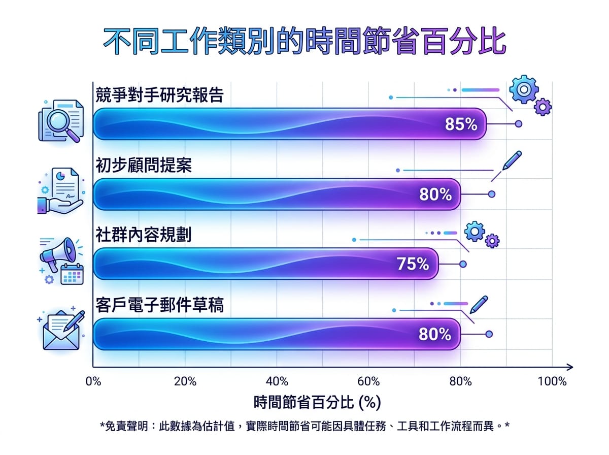 電商顧問導入生成式AI後各工作類型工時節省百分比橫條圖
