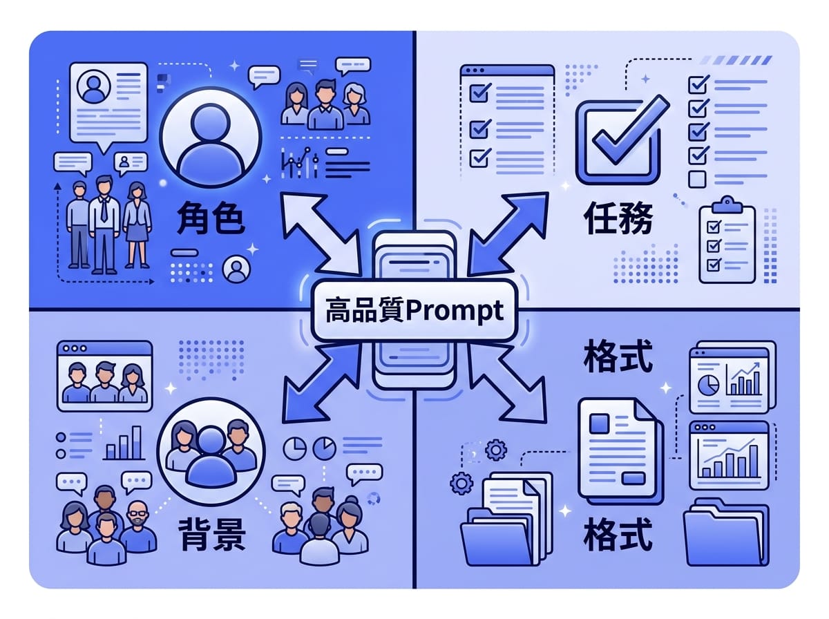 AI Prompt四要素框架圖:角色、任務、背景、格式