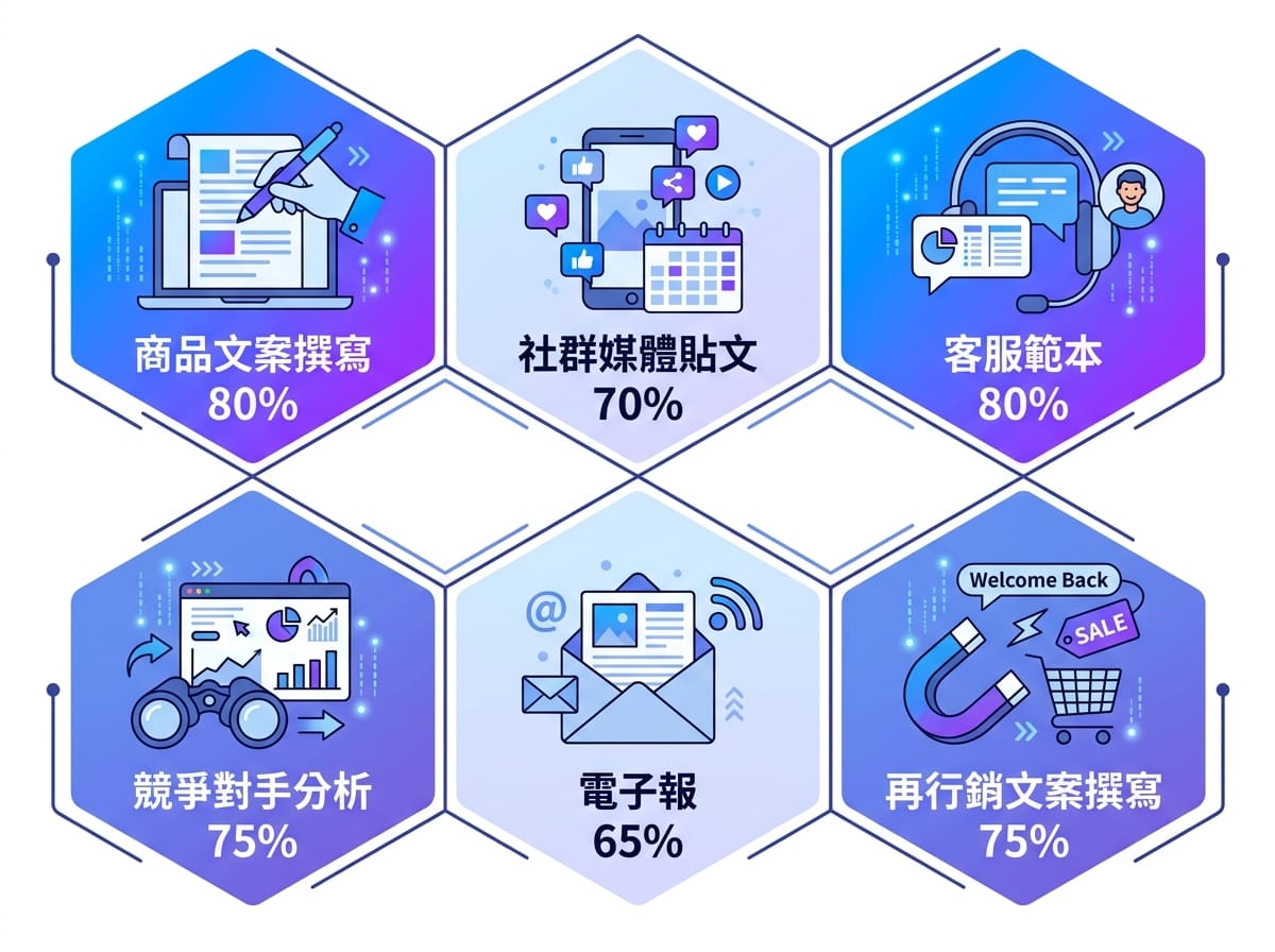 生成式AI電商六大應用場景與工時節省比例概覽圖