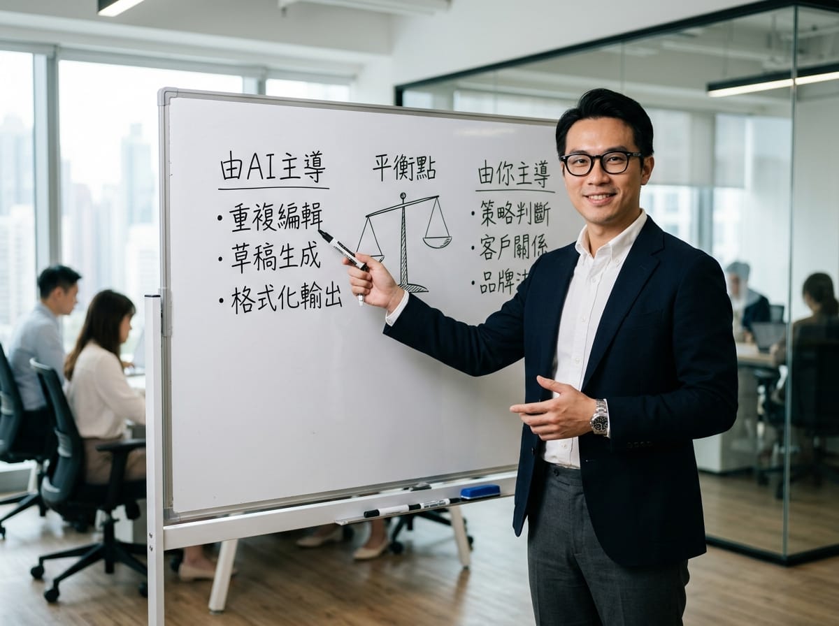 生成式AI應用邊界:AI負責執行整理,人負責決策判斷,人機協作平衡圖