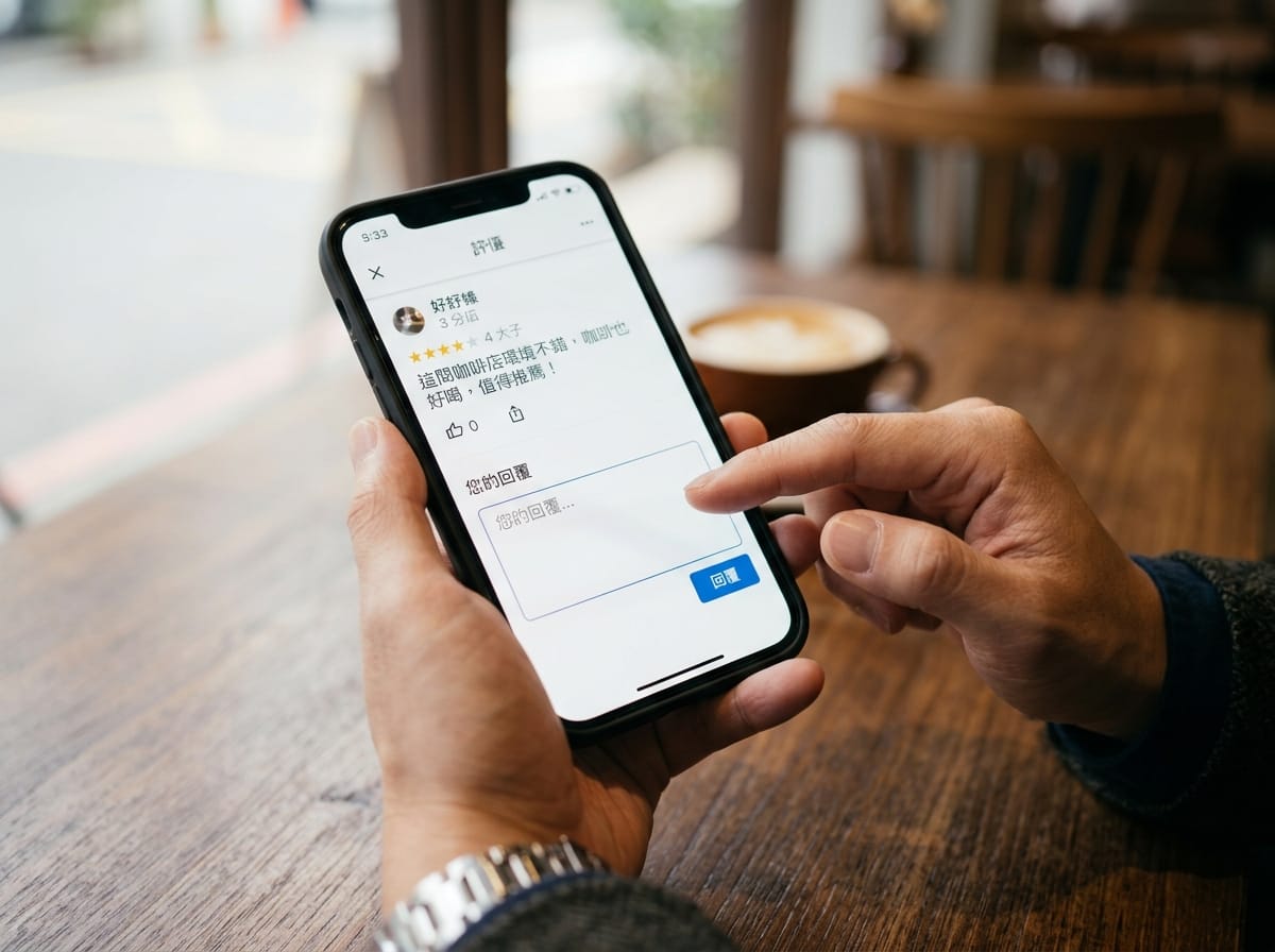 商家經營者在手機上回覆Google商家評論畫面
