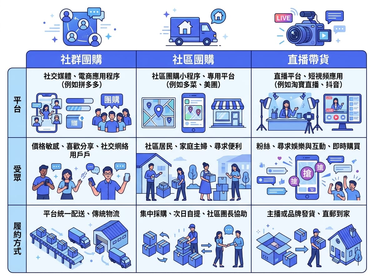 社群團購、社區團購與直播帶貨三種模式比較,平台受眾與履約方式各不相同