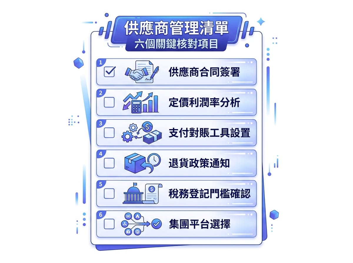 開團前六項準備檢查清單,涵蓋供應商合約、定價利潤與稅籍登記評估