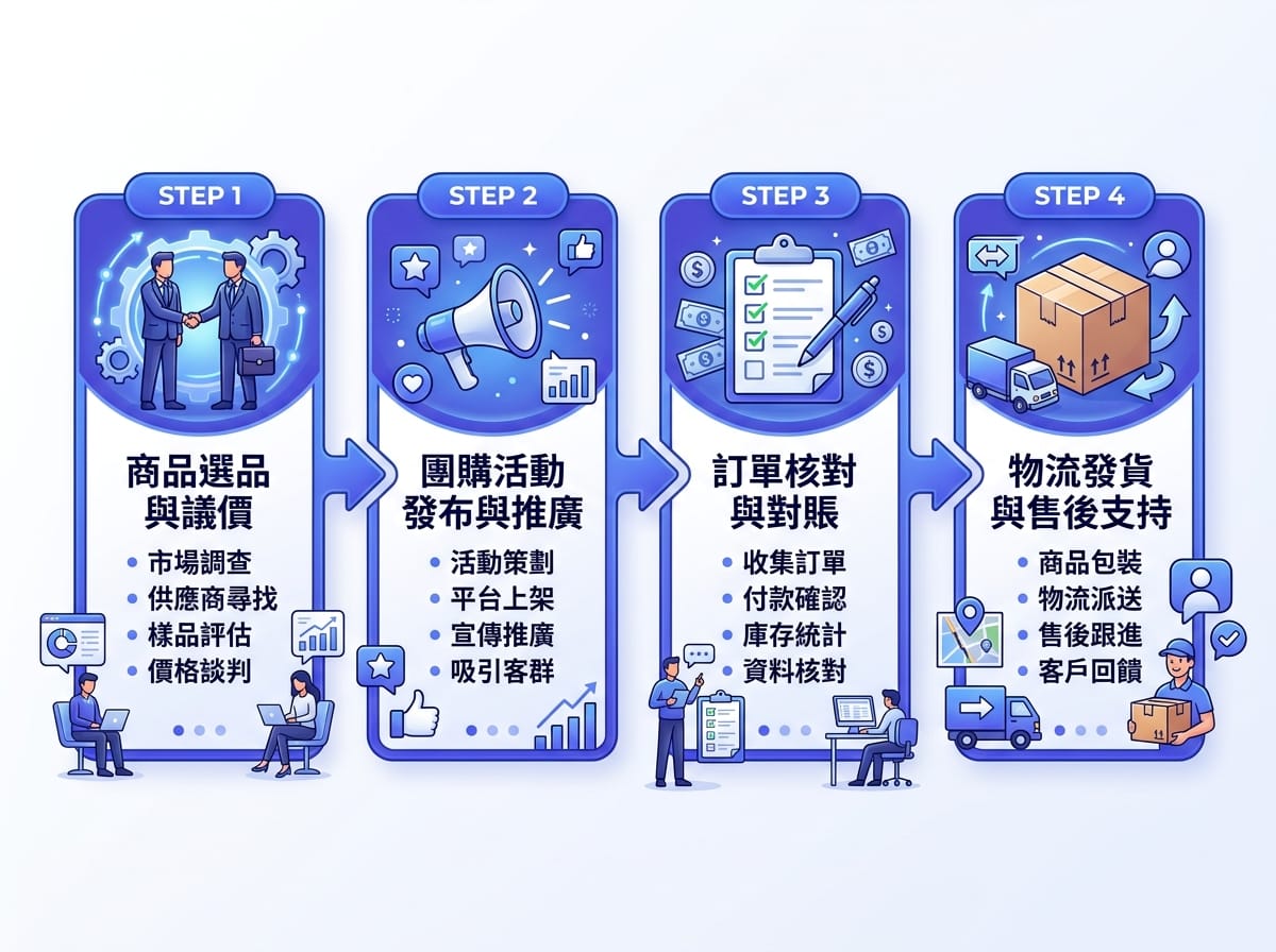 社群團購開團四步驟SOP流程圖,從選品談判到出貨售後全流程