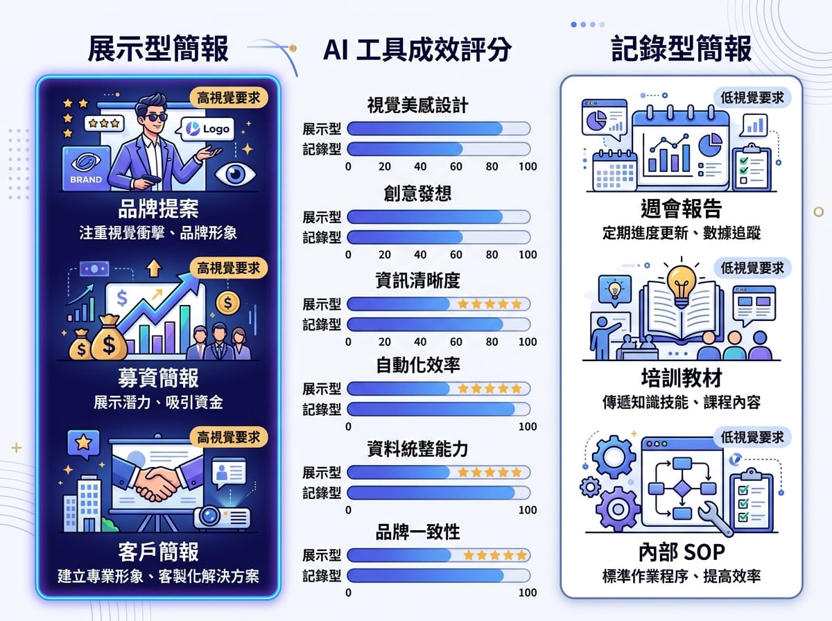 AI簡報工具適用場景比較:展示型與記錄型簡報的差異說明