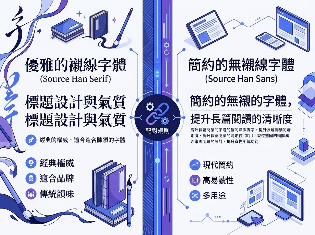 Canva 中文字體配對指南，左側標題字思源宋體，右側內文字思源黑體，附配對原則說明