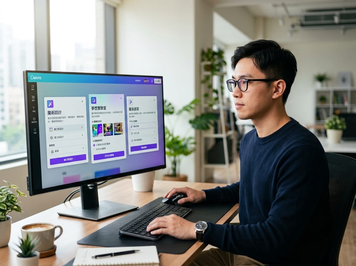 Canva Magic Studio AI 工具使用場景，男性設計師操作 Magic Design、Dream Lab 與 Magic Write 三款 AI 功能