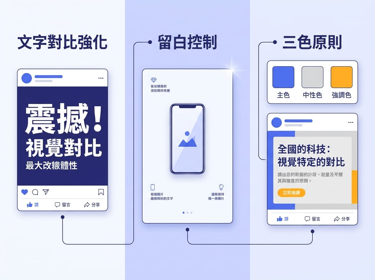 Canva 社群貼文三技巧示意圖：文字對比強化、留白控制與三色原則應用範例