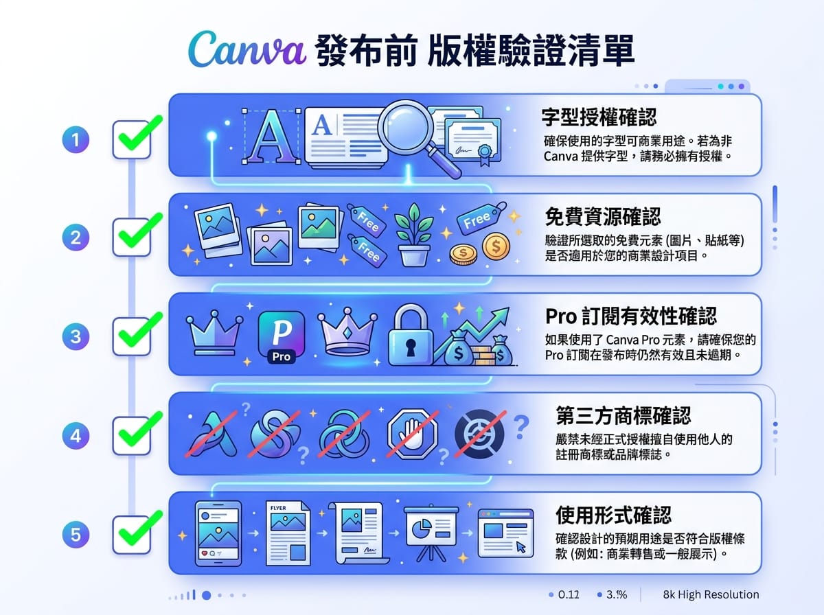 Canva 版權商用確認清單示意圖，五個檢查步驟包含字體素材授權與下載格式核對