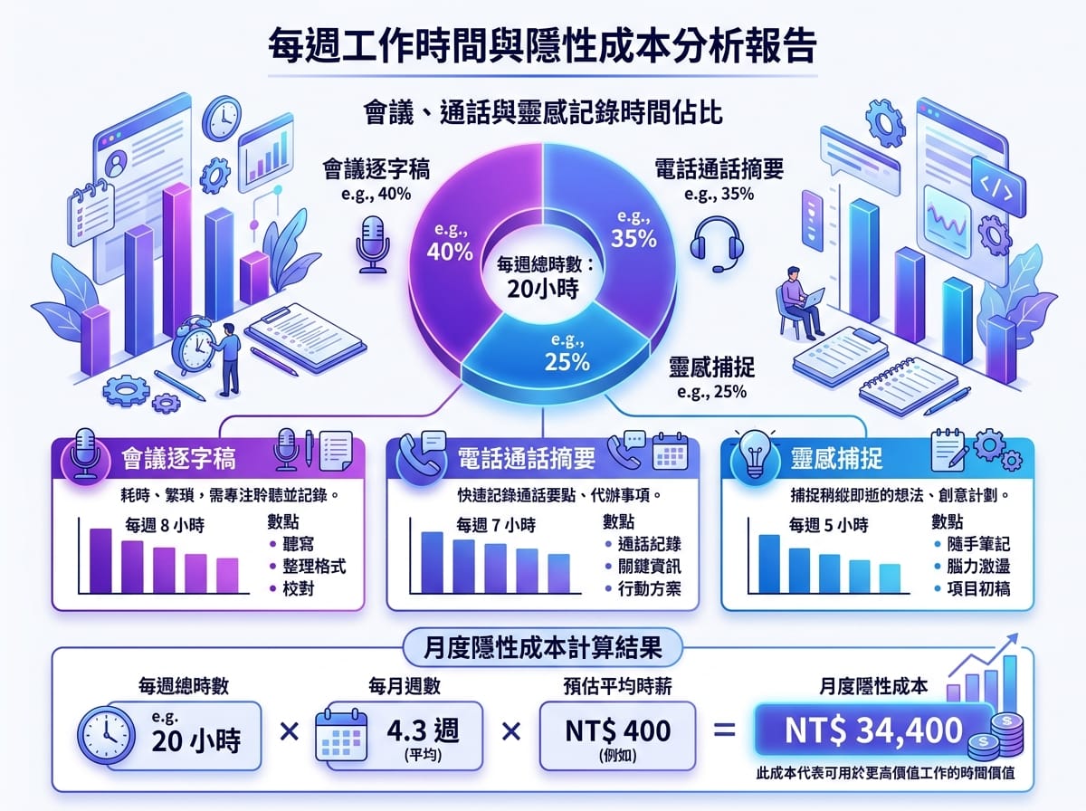 語音轉文字工具每月可節省時間計算圖,含會議記錄、電話整理、靈感捕捉三類時間成本