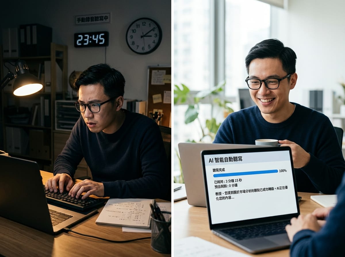語音轉文字工具將會議記錄從手打 3 小時縮短為 AI 轉錄 3 分鐘的對比圖