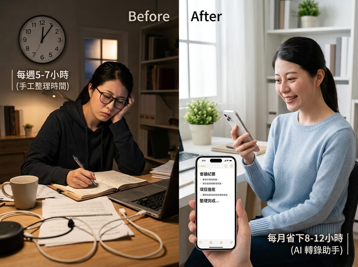 手工皮件品牌主導入語音轉文字工具前後對比:每週整理時間從 5–7 小時降至每月省下 8–12 小時