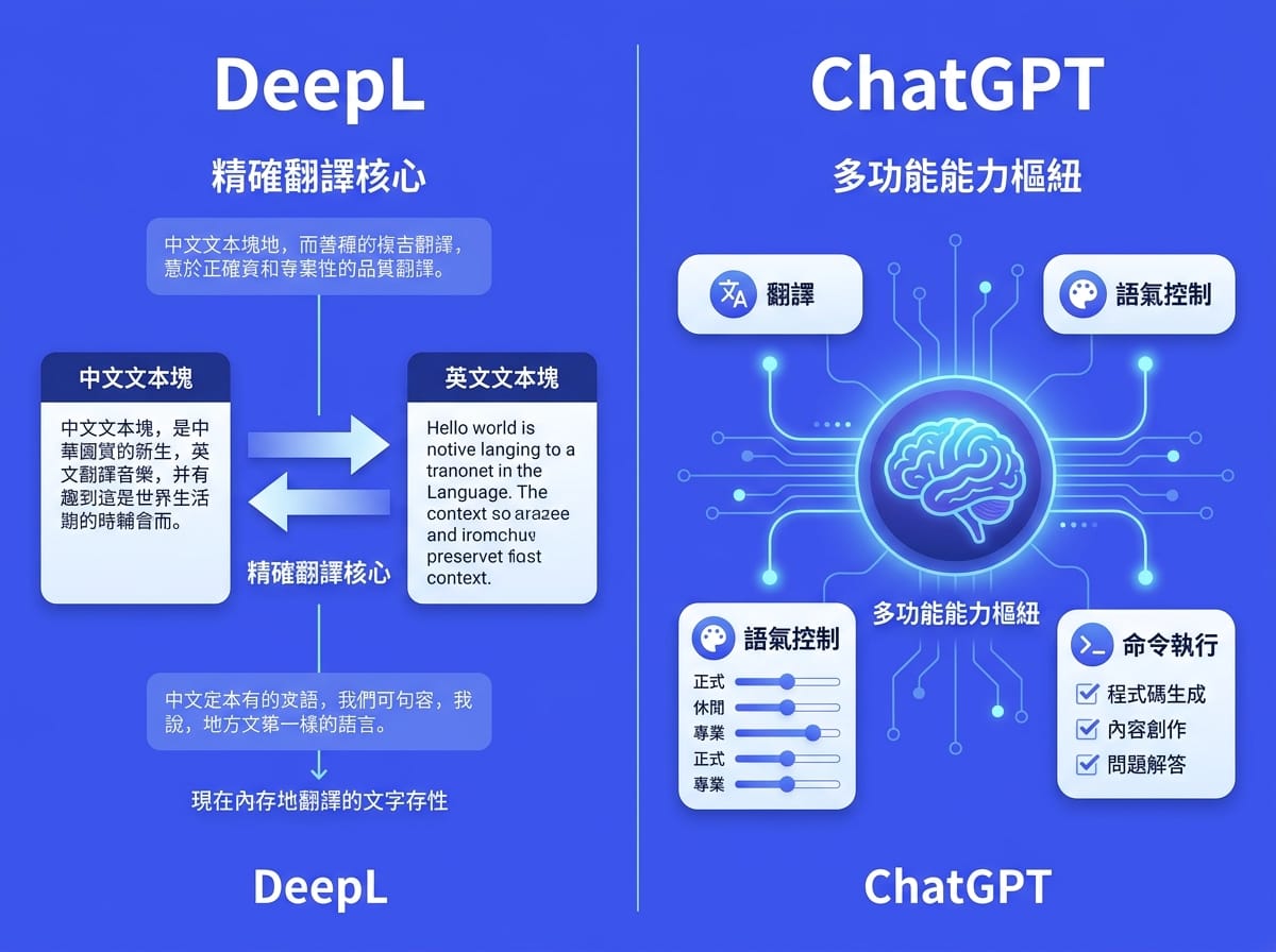 DeepL 單一翻譯架構與 ChatGPT 多功能語言模型的對比圖解
