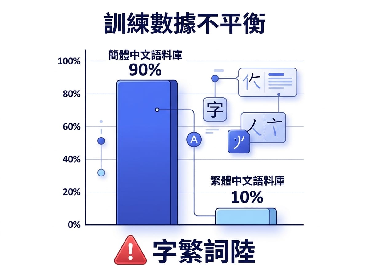 AI 訓練語料簡體與繁體比例資訊圖,說明大陸用詞出現的根本原因