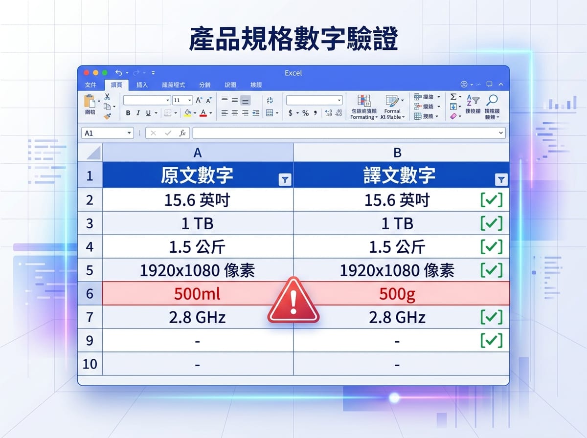 數字驗收雙欄法 Excel 示意圖,標出翻譯幻覺造成的單位錯誤(500ml誤翻500g)