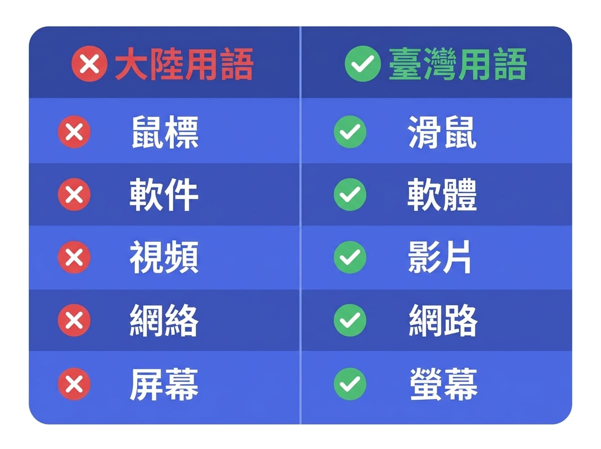 電商 AI翻譯常見大陸用詞黑名單與台灣正確用詞對照圖