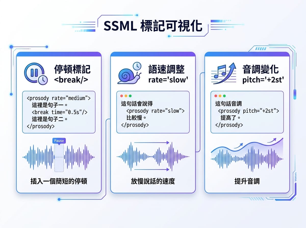 SSML語音合成標記語言三種常用標記示意：停頓標記break、語速調整rate、音調調整pitch的語法與效果對照