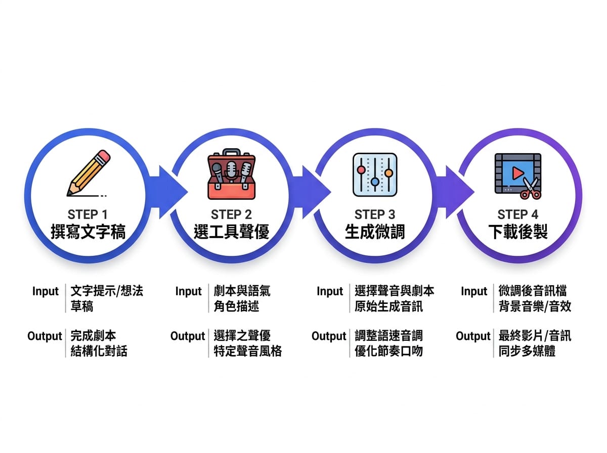 廣告旁白製作四步驟：撰寫文字稿、選工具與聲優模型、生成並微調語音參數、下載後製整合音檔