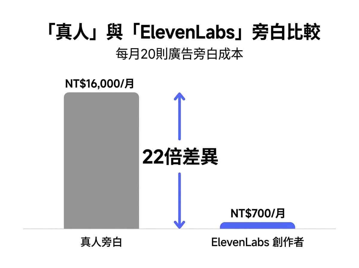 月產20支廣告旁白成本比較：真人配音每月16,000元對比ElevenLabs Creator月費700元，差距達22倍