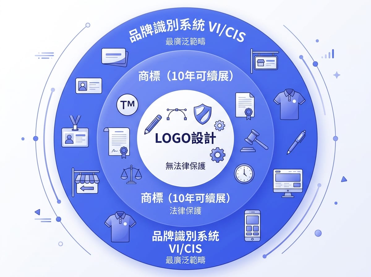 三層同心圓圖解LOGO、商標與品牌識別系統的包含關係與法律保護差異