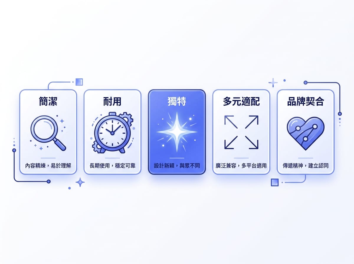 五個圖示分別代表簡潔、耐用、獨特、多元適配、品牌契合五大LOGO判斷原則