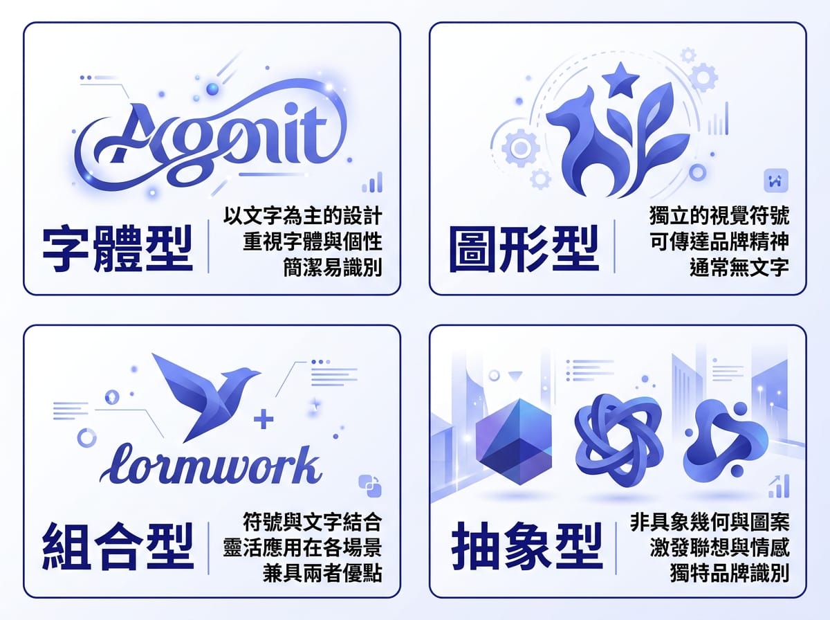 四宮格比較字體型、圖形型、組合型、抽象型LOGO的視覺差異
