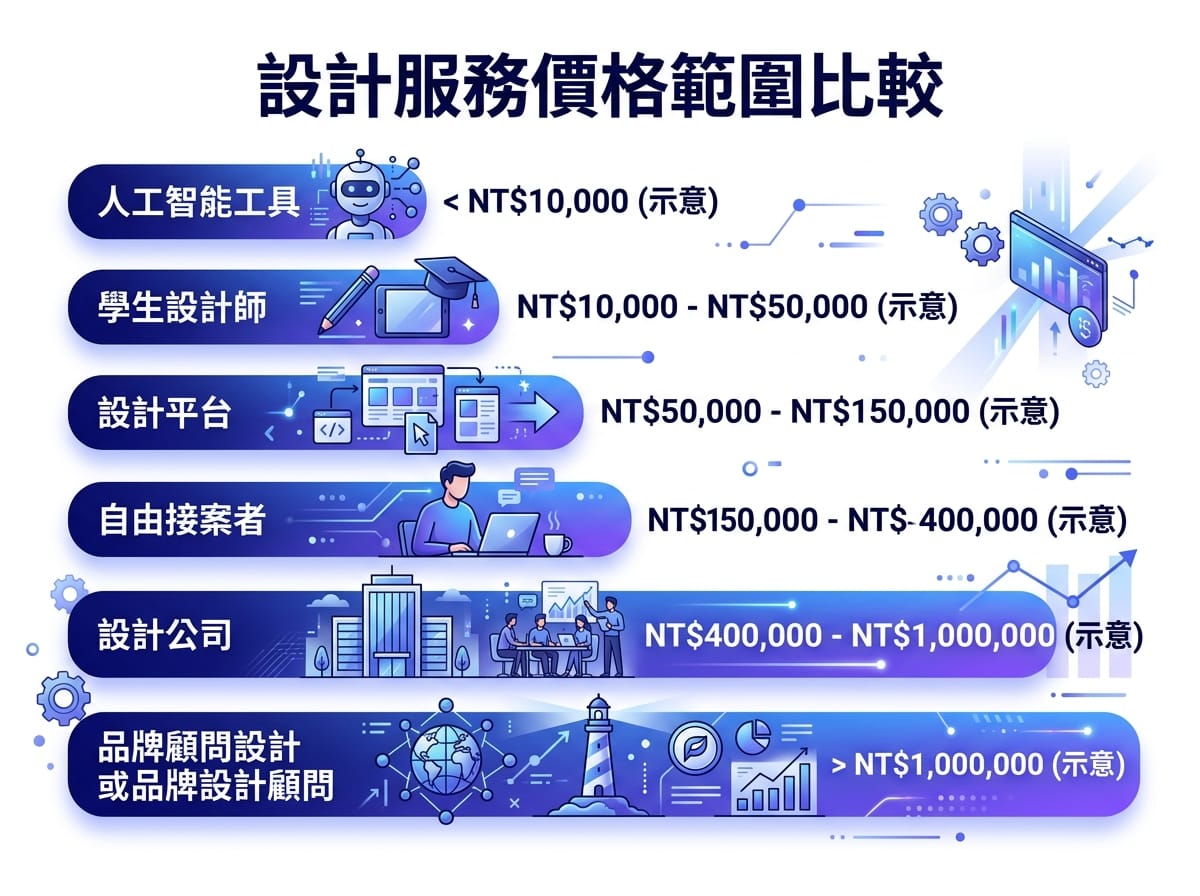 長條圖顯示AI工具到品牌顧問型設計六種委外管道的費用區間高低