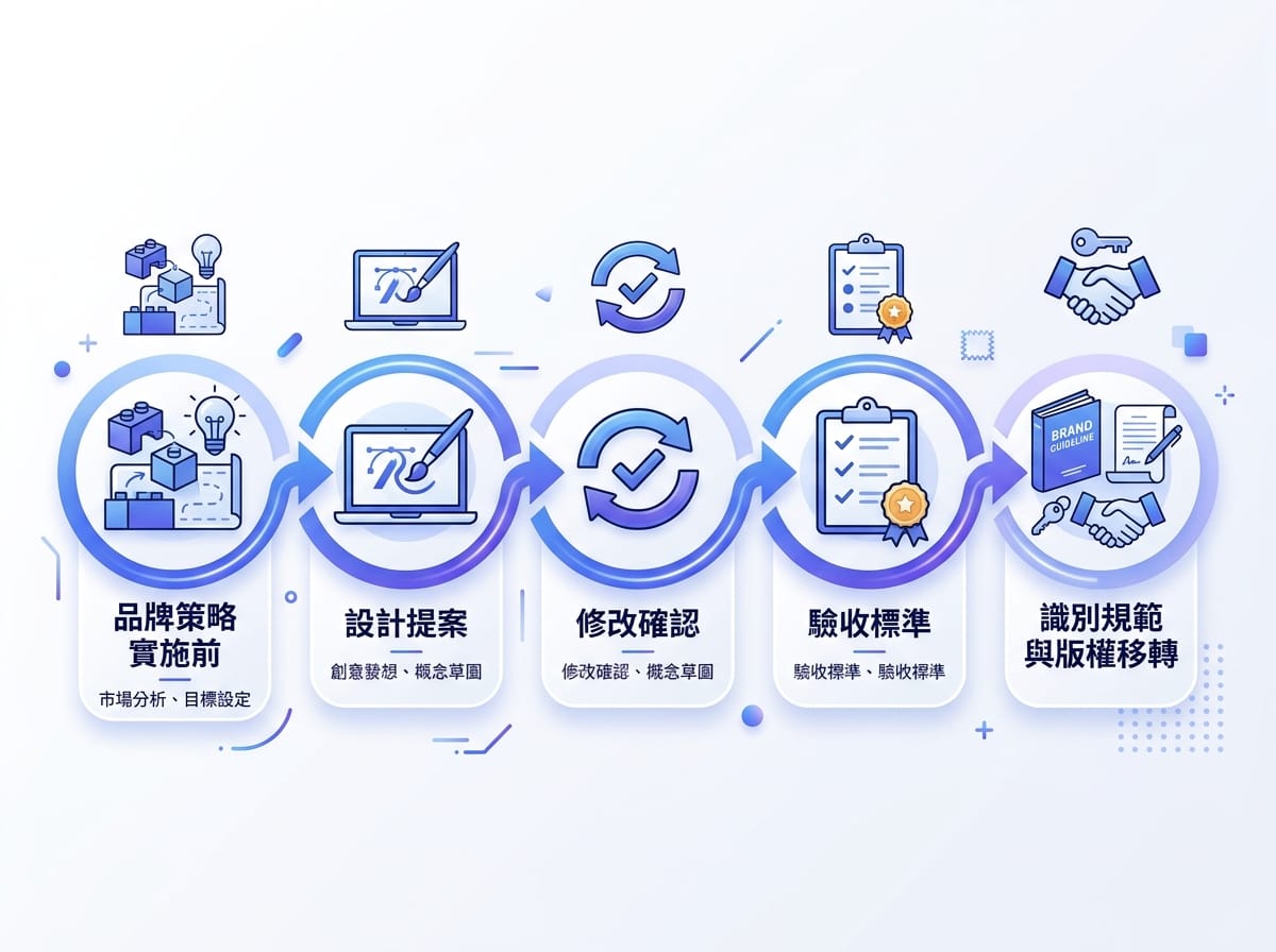 橫向時間軸圖解LOGO委外從品牌策略前置到識別規範版權移轉的五個階段