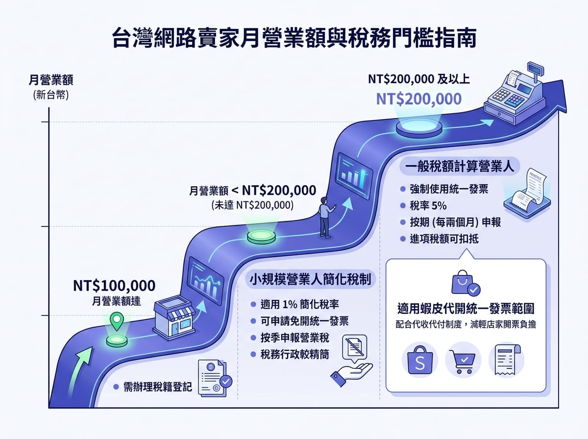 電子發票月營業額門檻分級資訊圖，10萬稅籍登記、20萬統一發票門檻對照