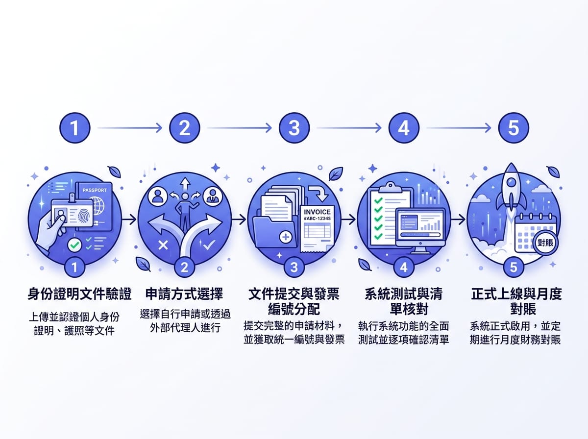 電子發票申請五步驟流程圖，從工商憑證到正式上線月結申報