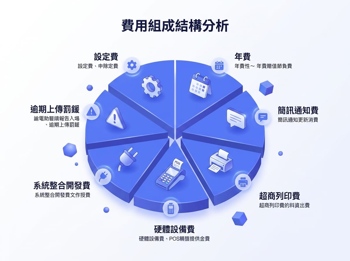 電子發票加值中心費用結構拆解圖，含設定費年費簡訊列印硬體與罰鍰七項