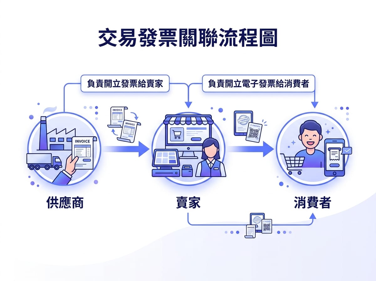 一件代發代購電子發票責任歸屬關係圖，消費者賣家供應商三方關係