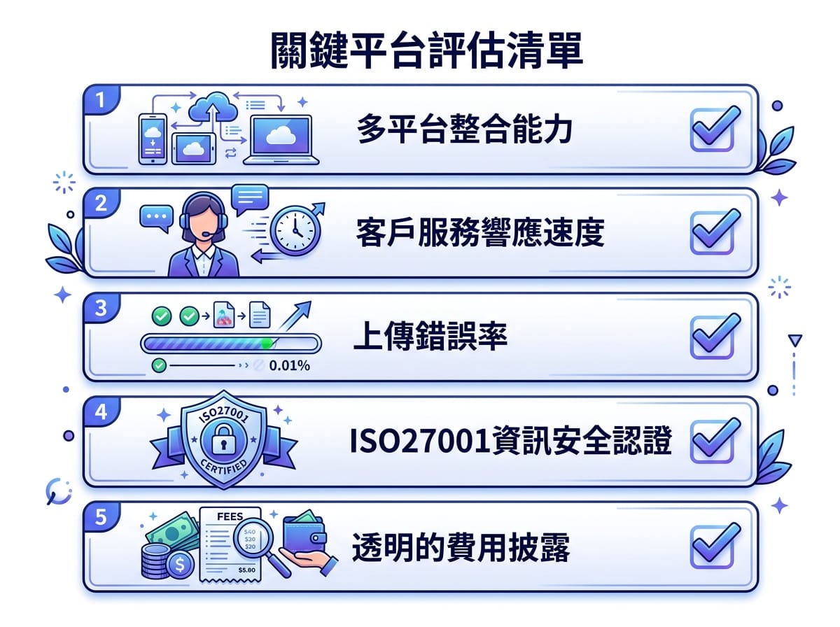 電子發票加值中心五大評估重點檢核圖，含整合能力客服資安與費用透明度