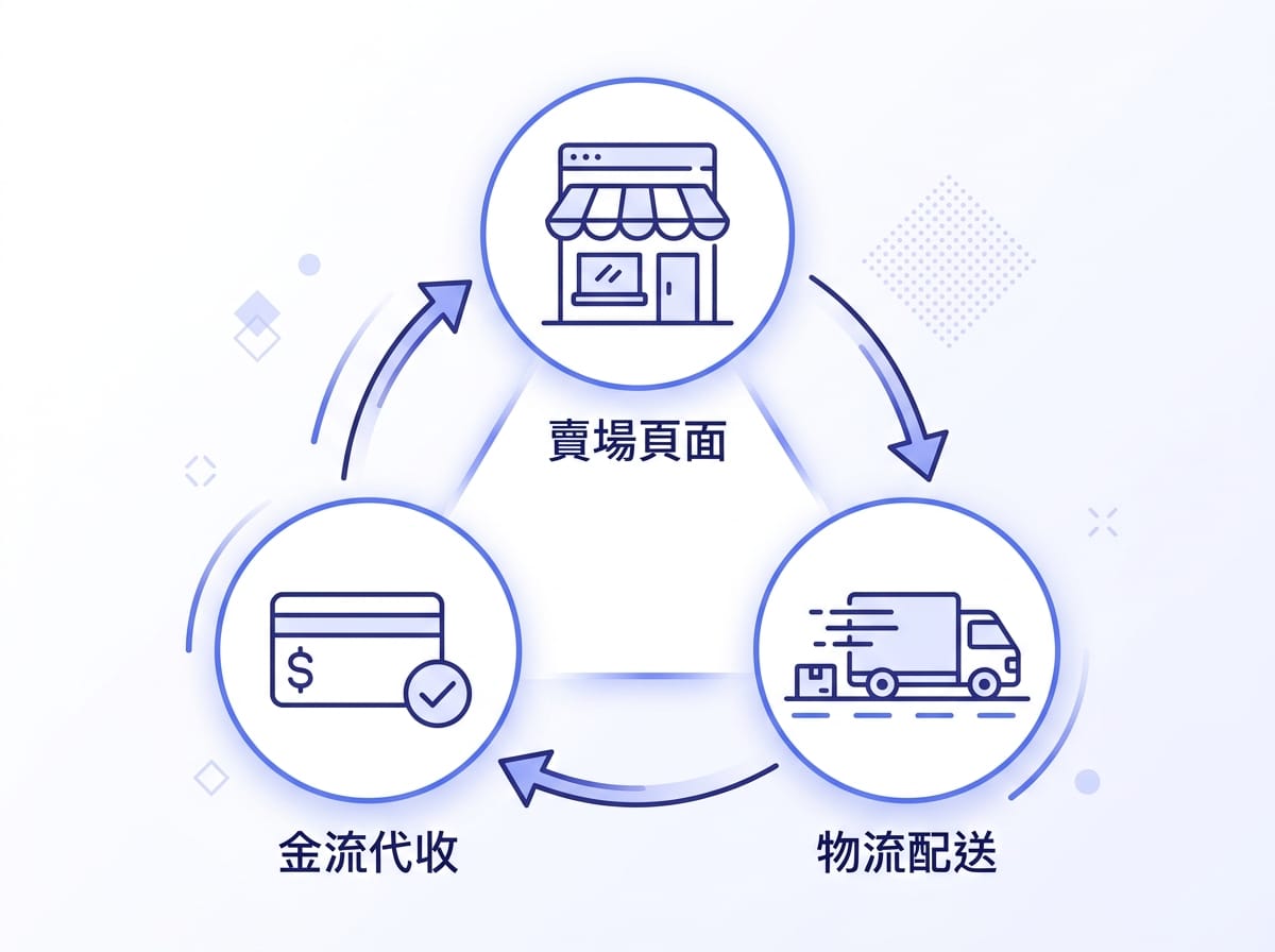 賣貨便服務範圍資訊圖:賣場頁面、物流配送、金流代收三合一示意圖