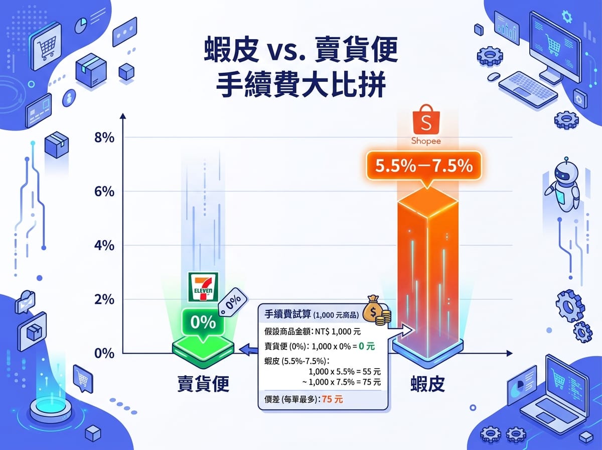 賣貨便與蝦皮成交手續費比較長條圖,賣貨便 0 元、蝦皮 5.5% 至 7.5%