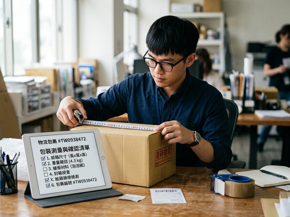 賣家出貨前用捲尺與平板核對賣貨便包裝規格清單的實拍照片