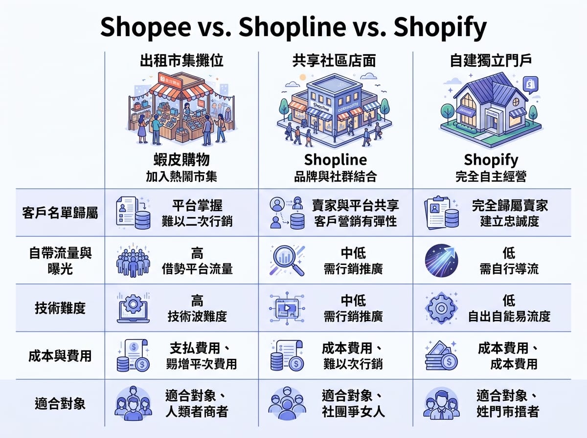 蝦皮、SHOPLINE、Shopify 三種開店邏輯比較資訊圖表